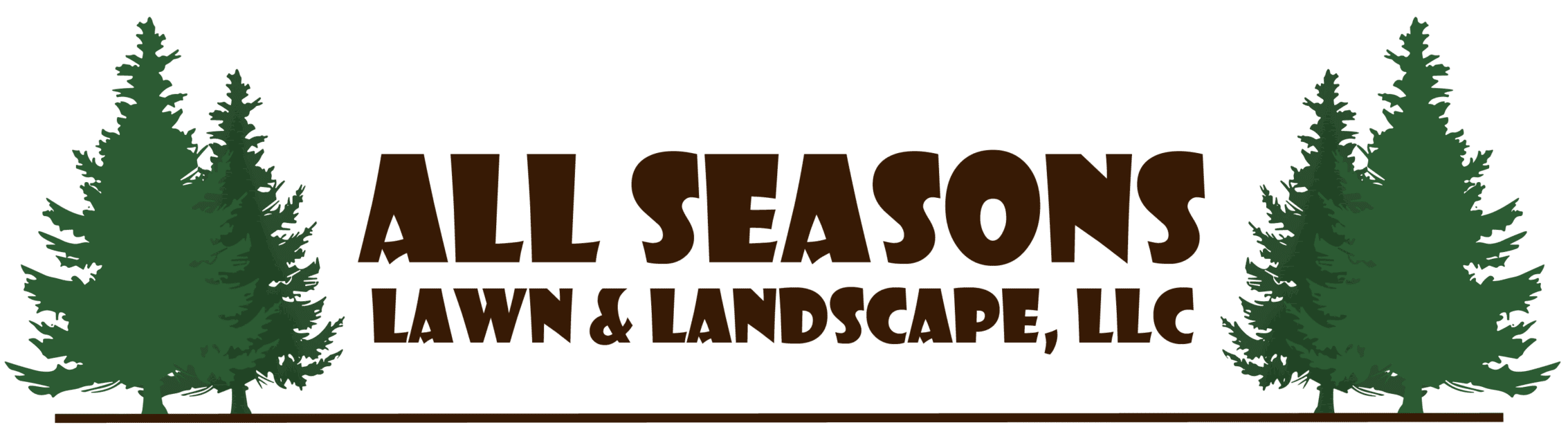 Logo of All Seasons Lawn & Landscape, LLC featuring the business name in bold brown letters. Two green evergreen trees flank the text.