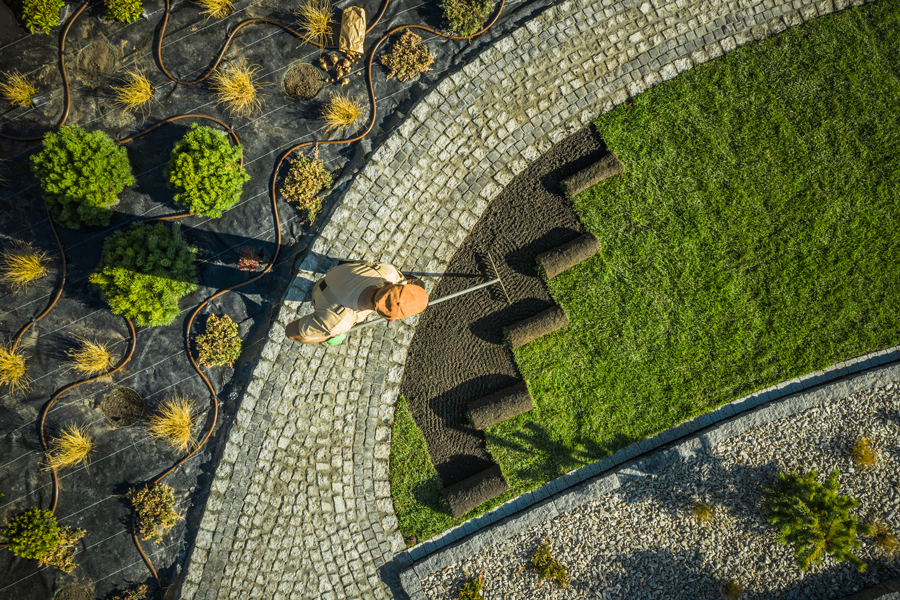 Top-down view of a gardener laying sod on a curving lawn bordered by cobblestones. Nearby, arranged plants and garden hoses create an organized pattern.